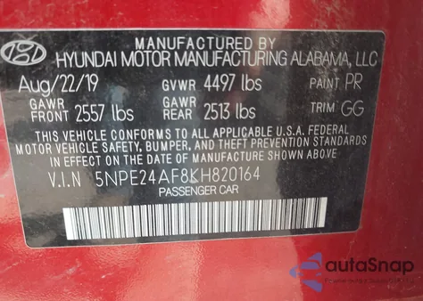 2019 Hyundai Sonata Se z USA, uszkodzony, nr VIN 5NPE24AF8KH820164